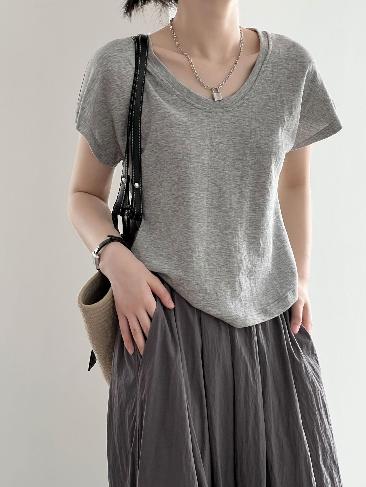 3D U-Neck Short Sleeve Wide-Sleeve Slimming T-Shirt for Women