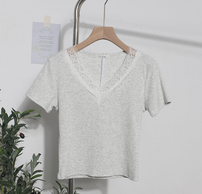 Romantic Lace V-Neck Sexy Slim Fit Short Sleeve Top
