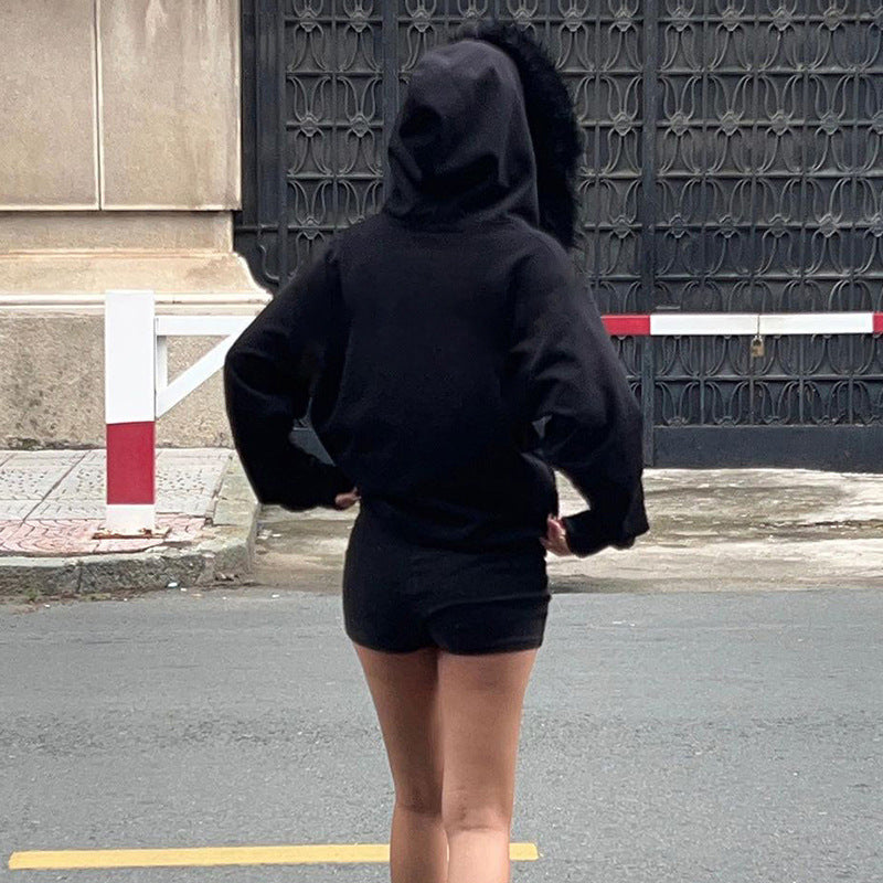 Schwarzer Reißverschluss Split Bedrucktes Plüsch-Kapuzenpullover - High Street BF Lockerer warmer Mantel