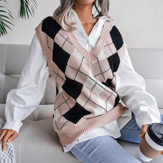 College Rhombus V-Ausschnitt Lässiger lockerer Strickwestenpullover für Damen