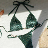 Maillot de bain bikini à bretelles en T motif léopard perlé