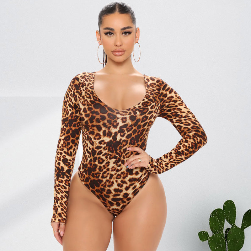 Leopard Print Long Sleeve Jumpsuit for Plus Size