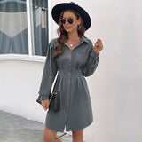 Dark Grey Long Sleeve Solid Color Shirt Dress