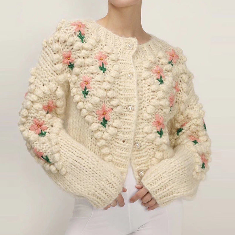 Handgemachte gehäkelte Stickerei Twist Perle Schnalle gestrickte Pullover Strickjacke Mantel