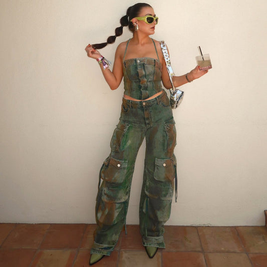 Gradient Halter Lace-Up Streetwear Set