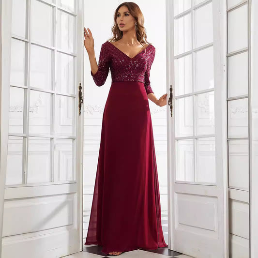 Chiffon Double V-Neck A-Line Sequin Stitching Evening Dress