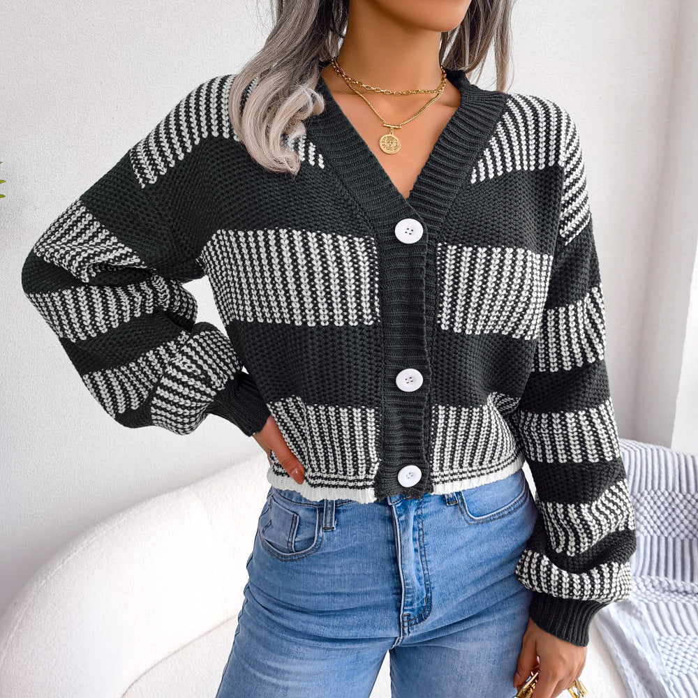 Striped Lantern Sleeve Cardigan Sweater Coat