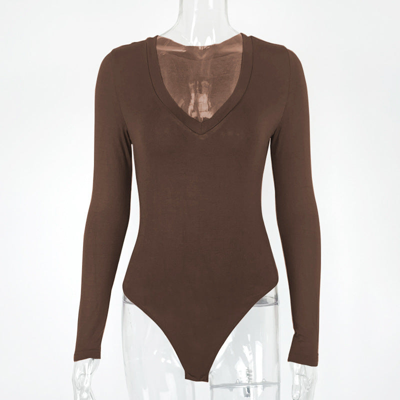 Body moulant et sexy à manches longues et col en V pour femme