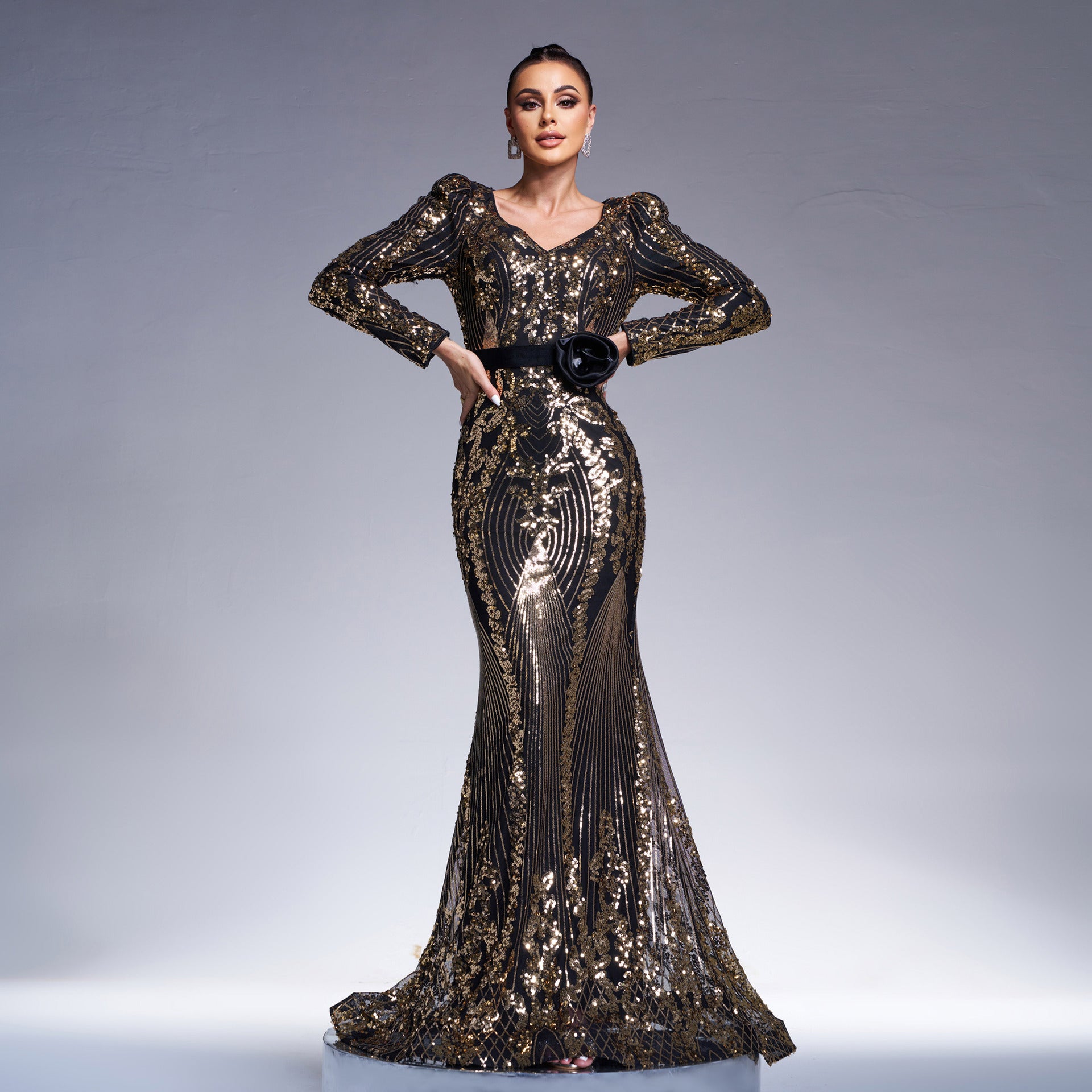 Robe de soirée cocktail queue de poisson à paillettes haut de gamme