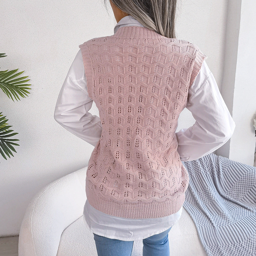 Einfarbiger, ausgehöhlter, Ausschnitt, gewellter Strickwestenpullover mit V-Ausschnitt für Damen