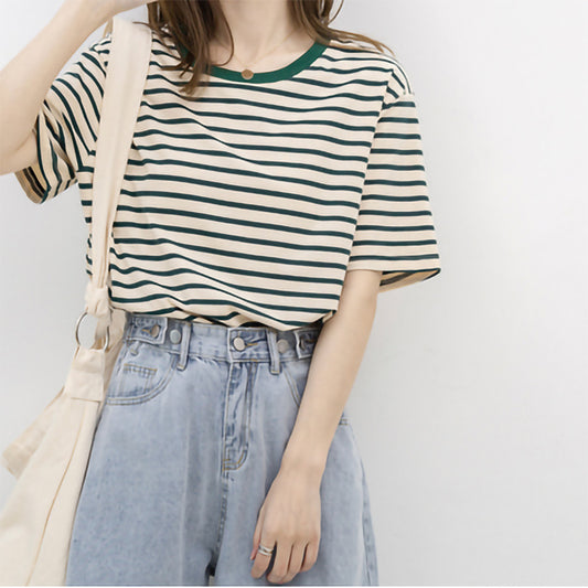 Green Striped Short Sleeve Loose Cotton T-Shirt for Women