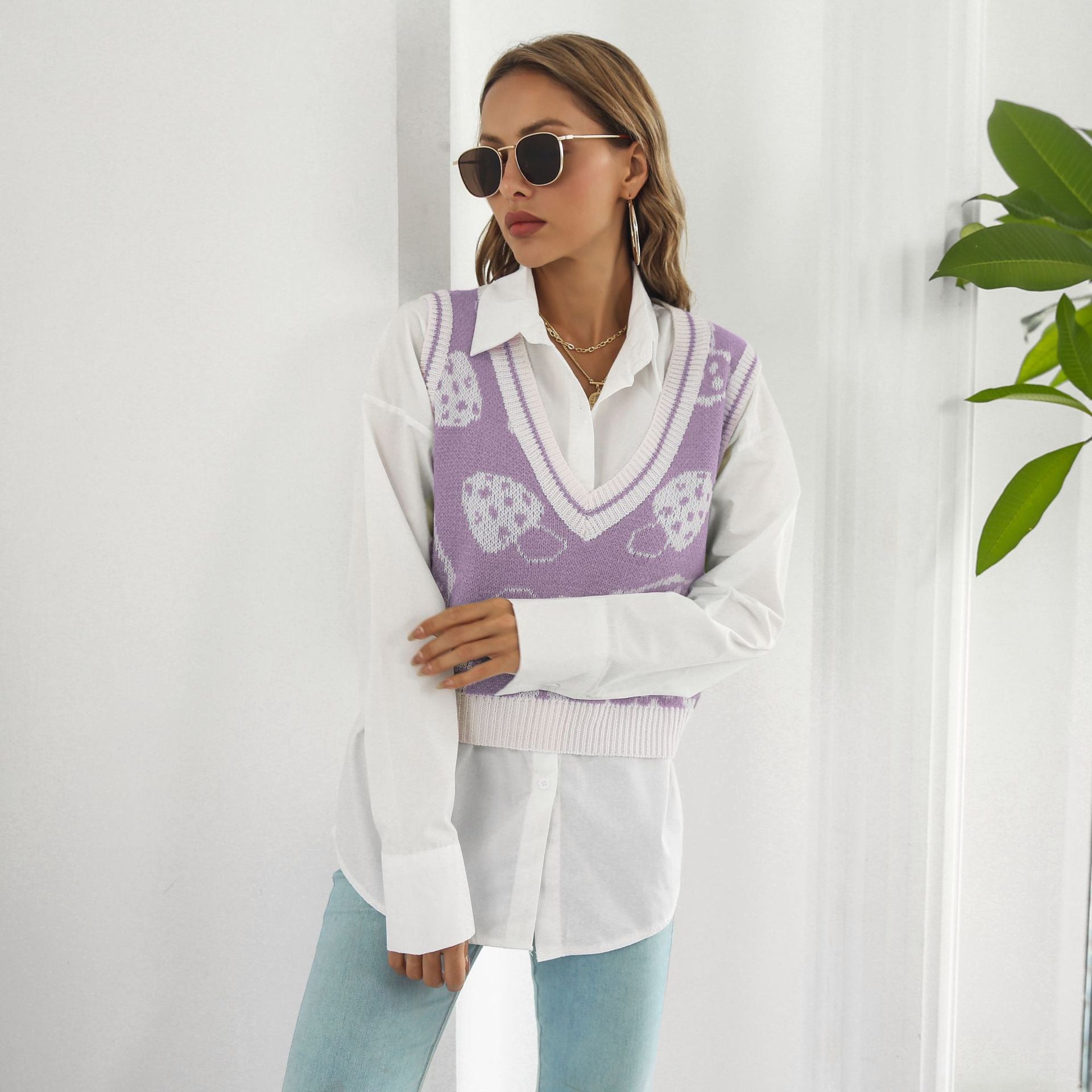 Preppy Süßer Pilz Jacquard Weste Pullover für Damen