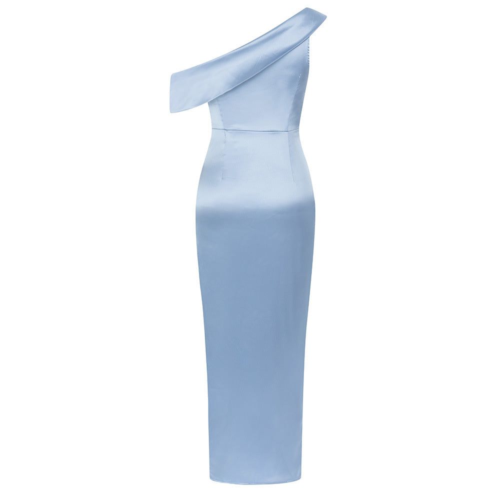 Sexy Oblique Shoulder Printed Side Slit Light Blue Dress