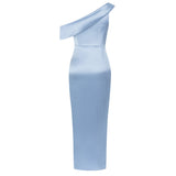 Sexy Oblique Shoulder Printed Side Slit Light Blue Dress