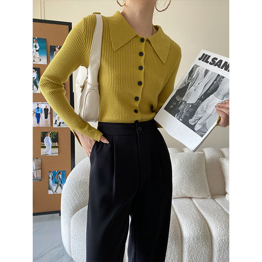 French Slim Fit Polo Sweater with Pointed Collar