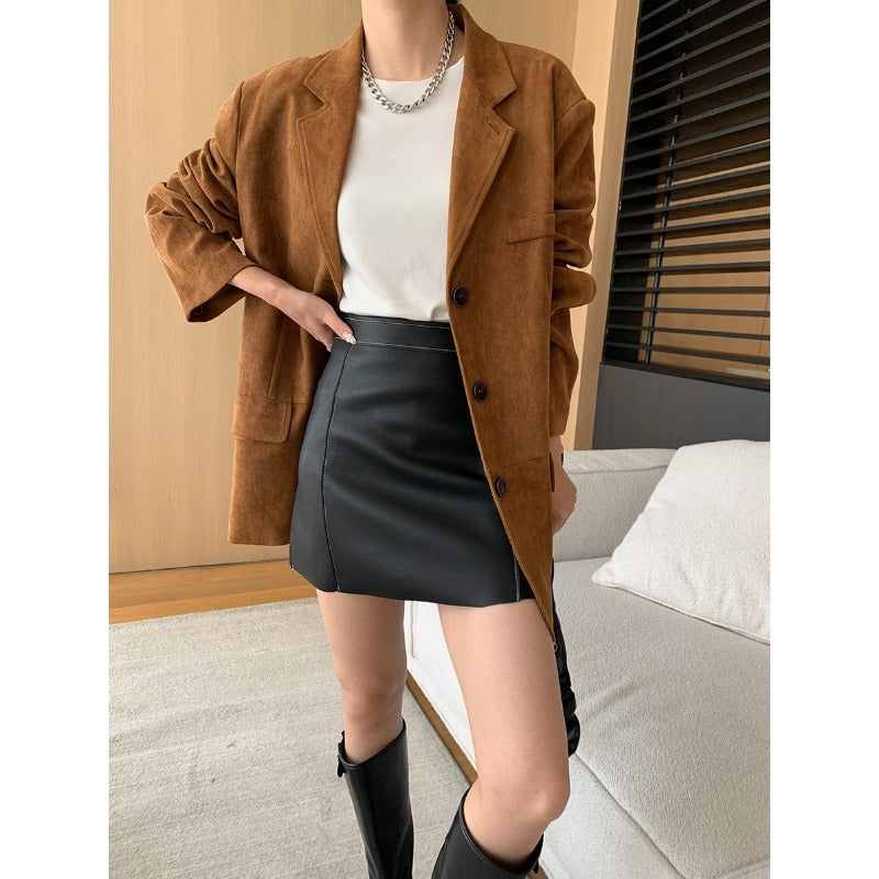 Mid-Length Suede Loose Blazer in Brown