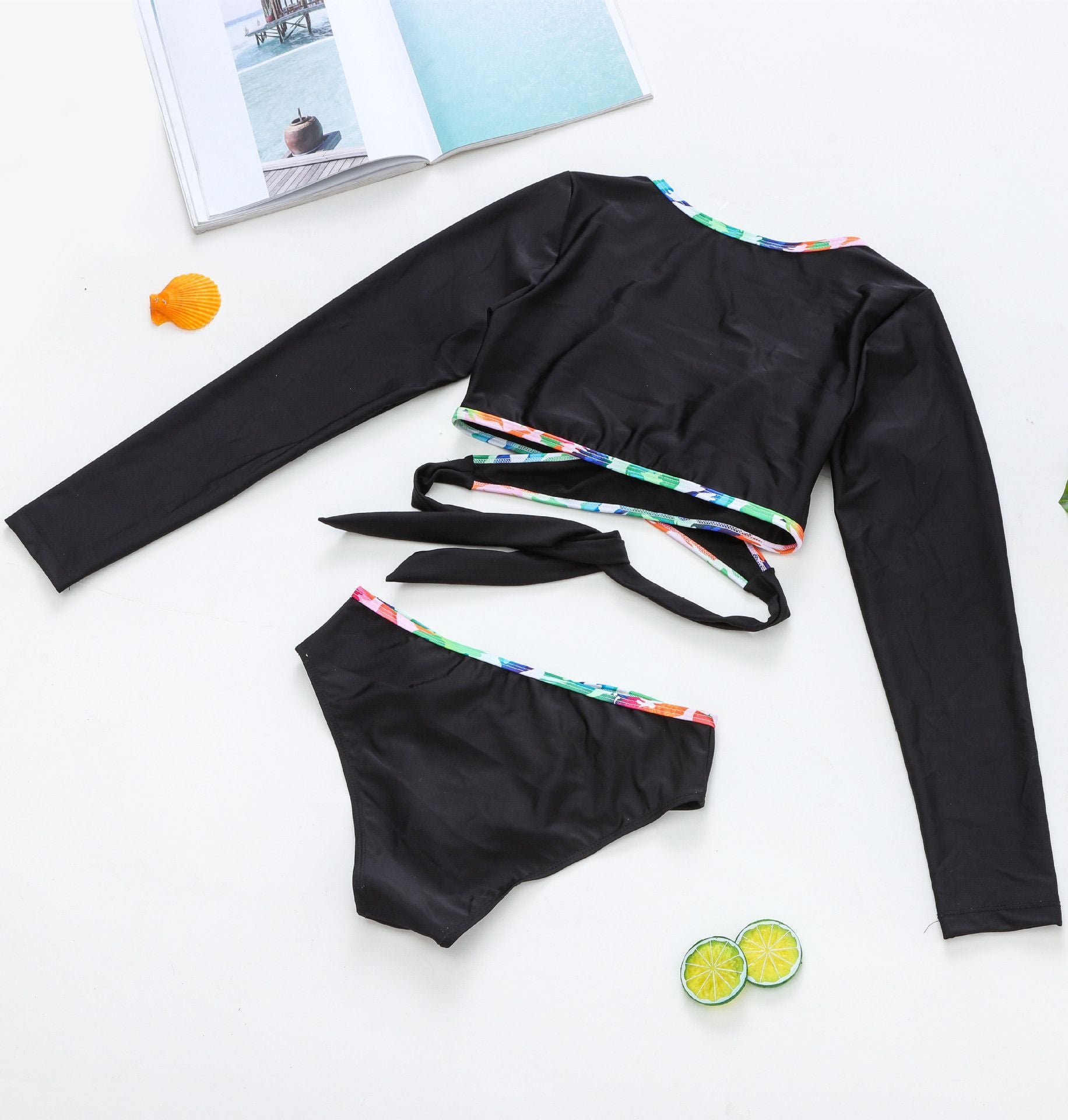 Solid Color Long Sleeve Cutout Ring Tie Bikini Swimsuit
