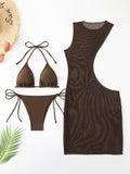 Ensemble bikini trois pièces sexy en résille à nouer