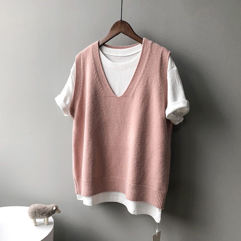 Frühlings-Preppy-V-Ausschnitt, lockere, ärmellose Strickweste für Damen