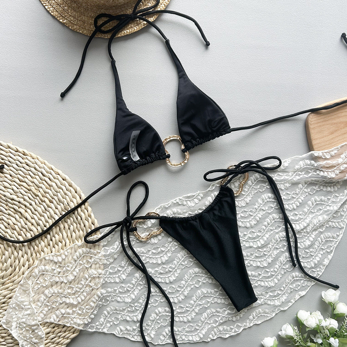 Maillot de bain bikini sexy à nouer et dos nu de couleur unie