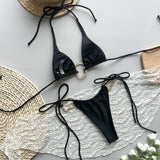 Maillot de bain bikini sexy à nouer et dos nu de couleur unie