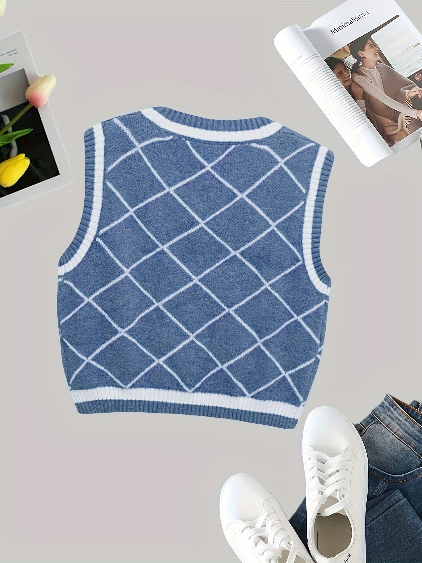 Retro-Oberbekleidung, Strickweste – lockerer Pullover mit V-Ausschnitt, rhombisch, weich, klebrig, Mädchenherz, ärmelloses Westentop für Damen