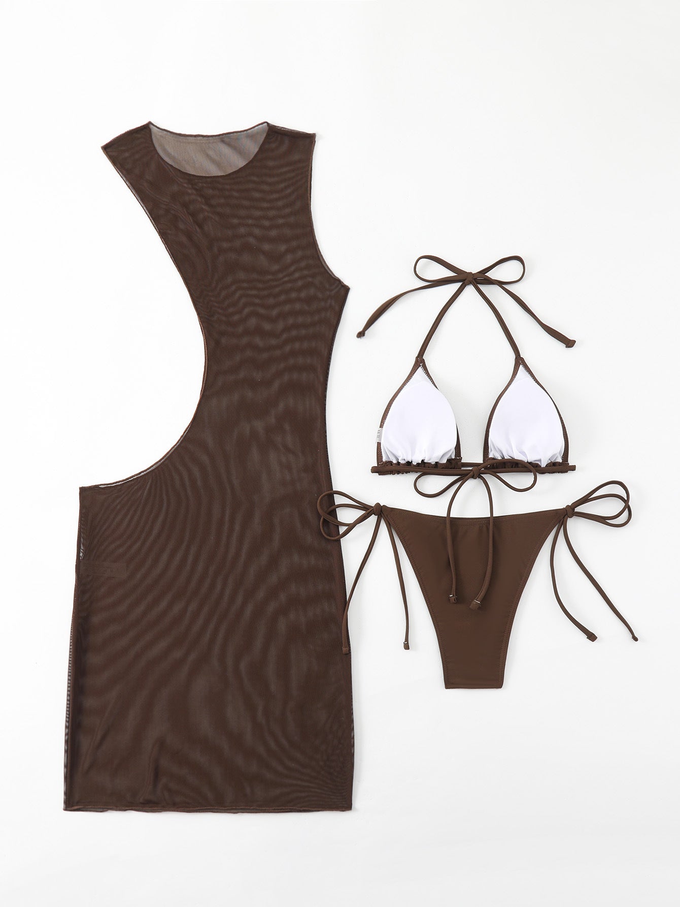 Ensemble bikini trois pièces sexy en résille à nouer