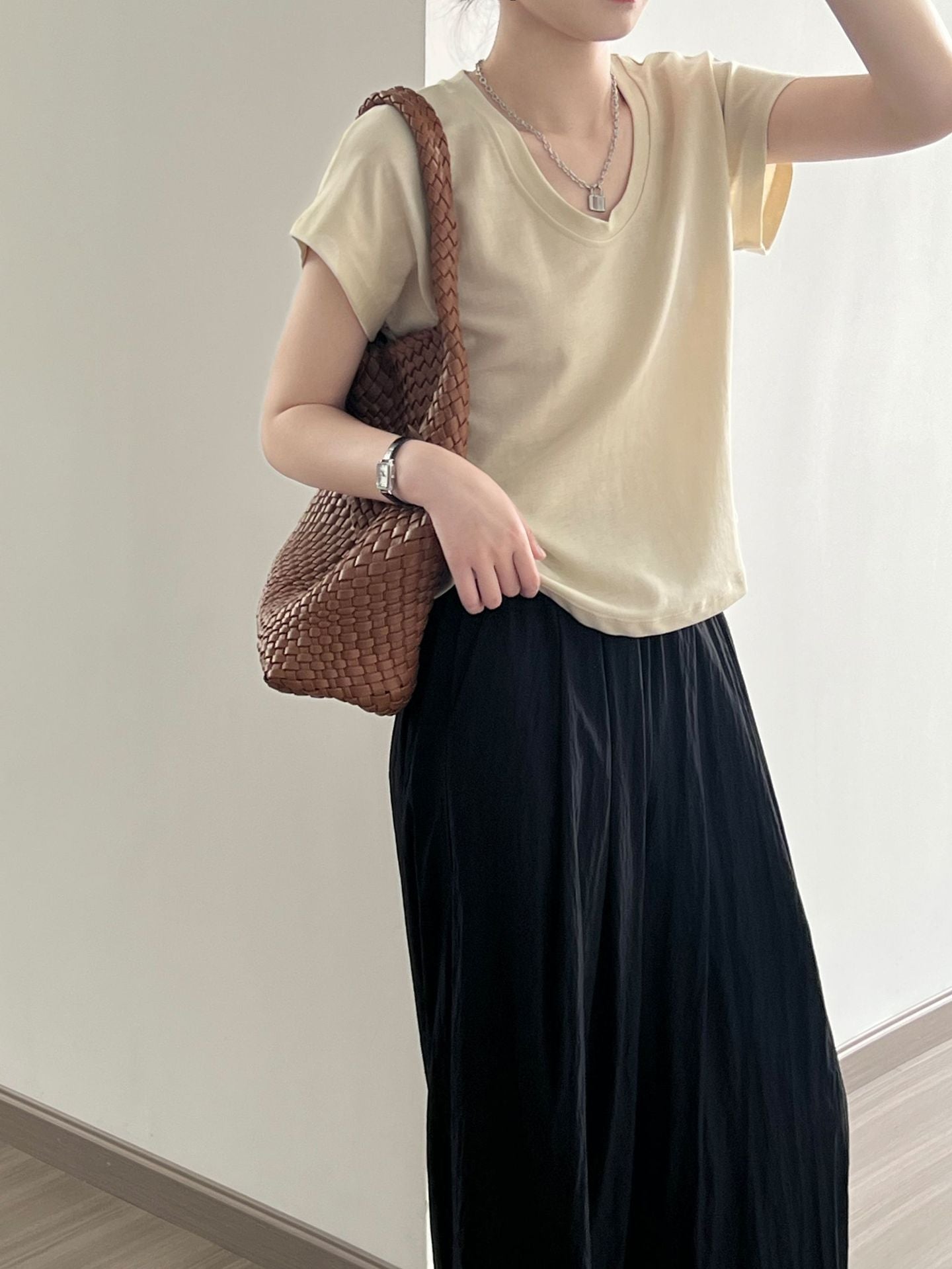 3D U-Neck Short Sleeve Wide-Sleeve Slimming T-Shirt for Women