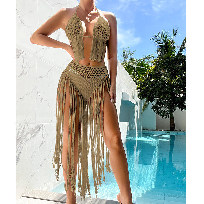 Ensemble bikini dos nu à pompons floraux crochetés à la main