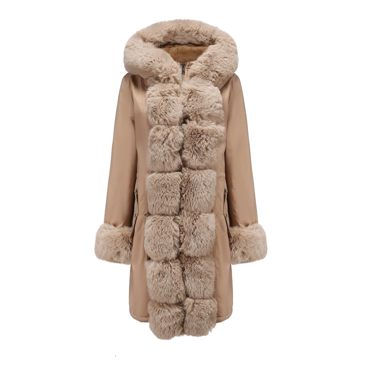 Mid-Length Padded Parka with Fur Collar