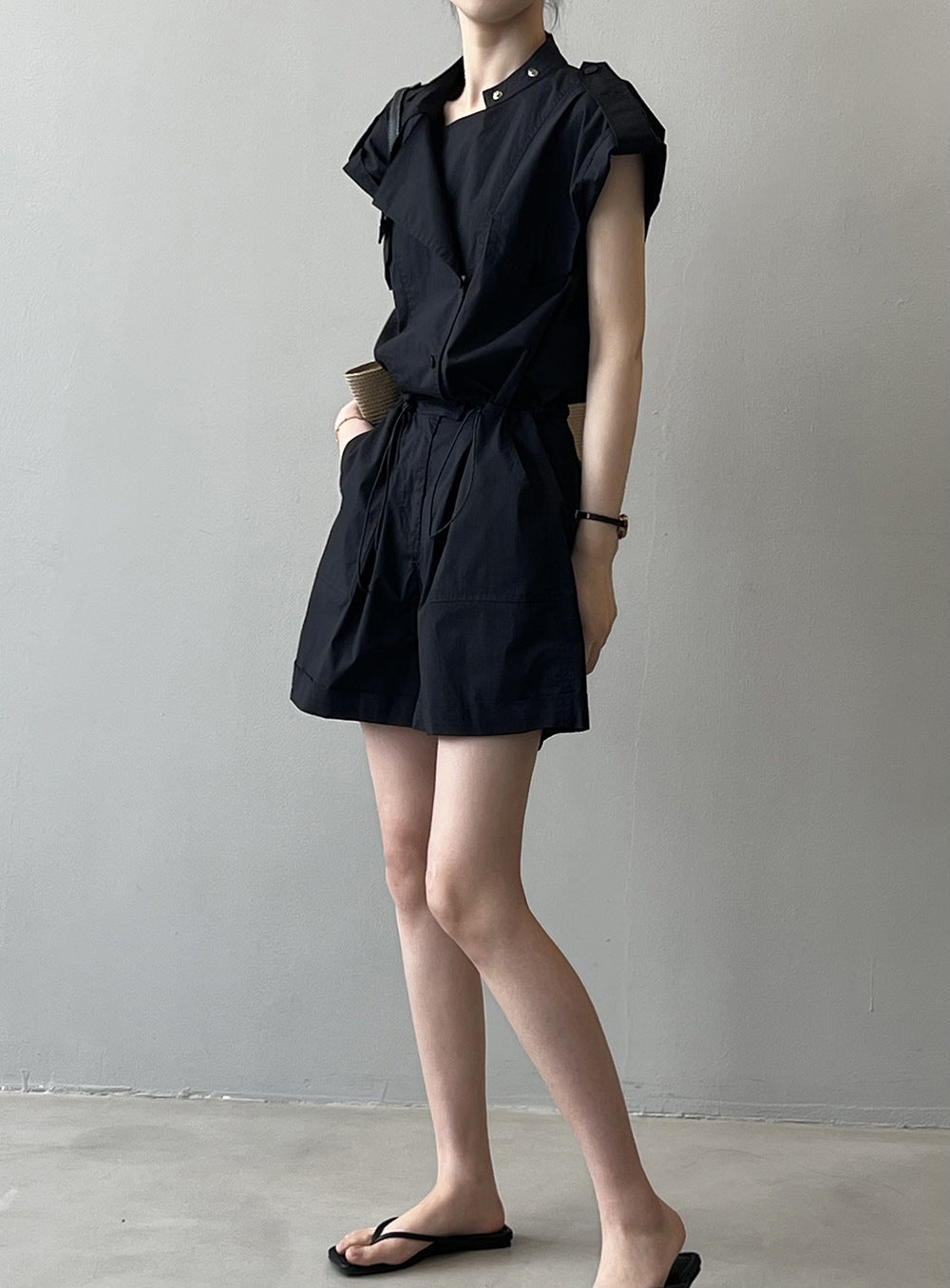 Cargo Style Stand Collar Shirt Romper