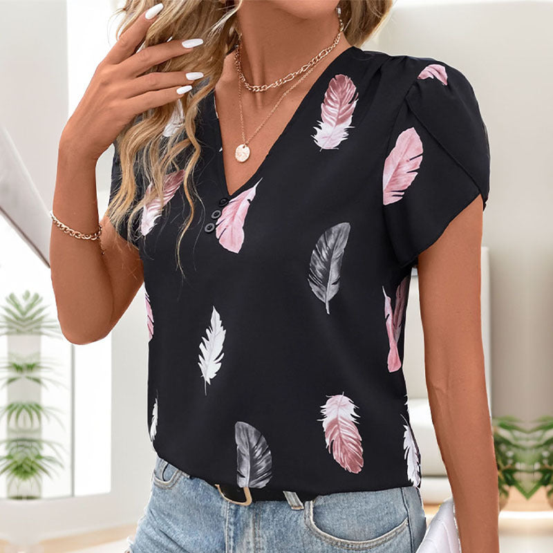 V-neck Puff Sleeve Feather Printed Shirt for Women