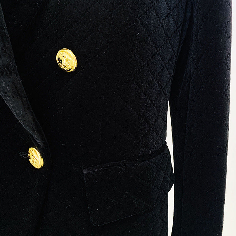 Metal Lion Buckle Plaid Blazer Coat