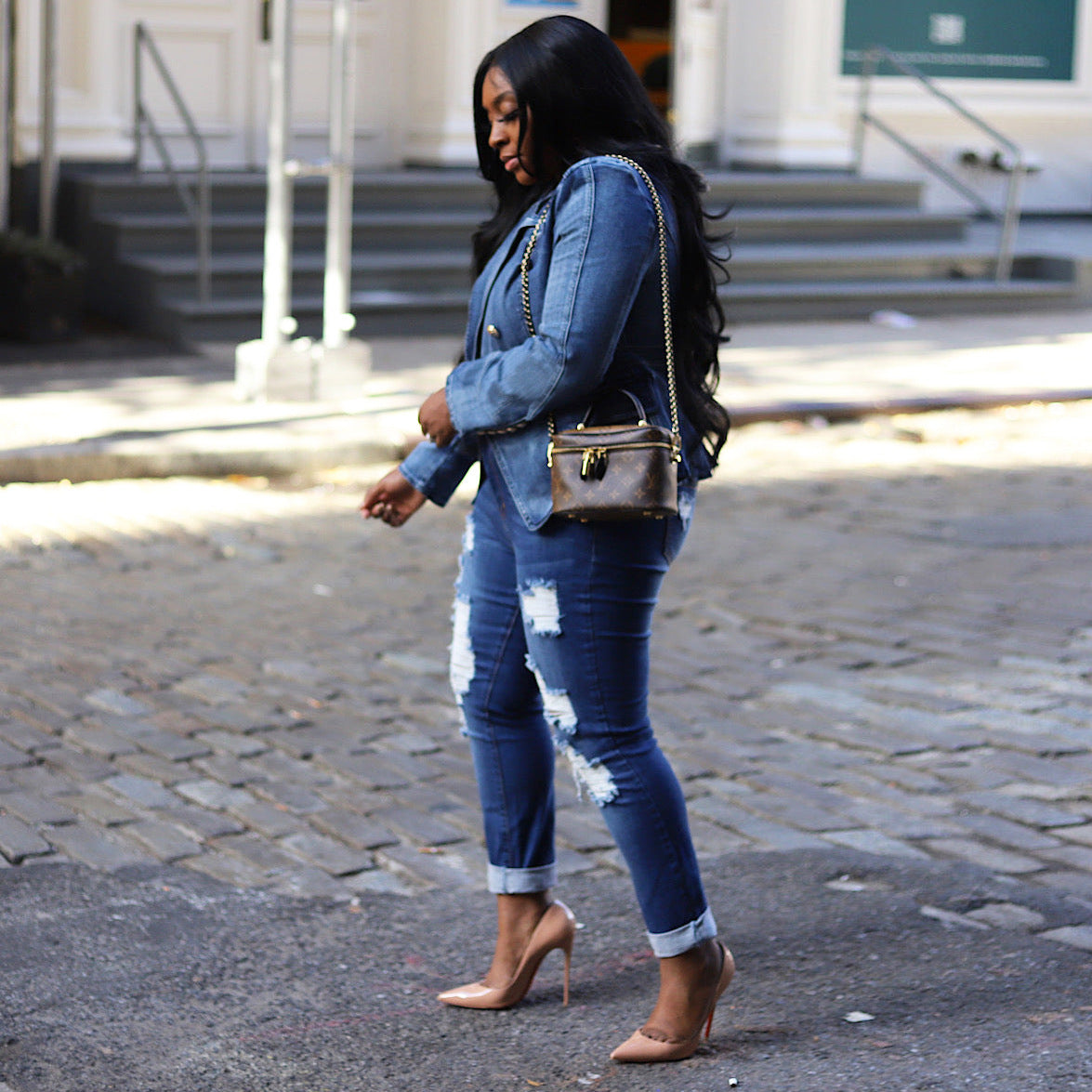 Schmaler, zweireihiger Denim-Blazer