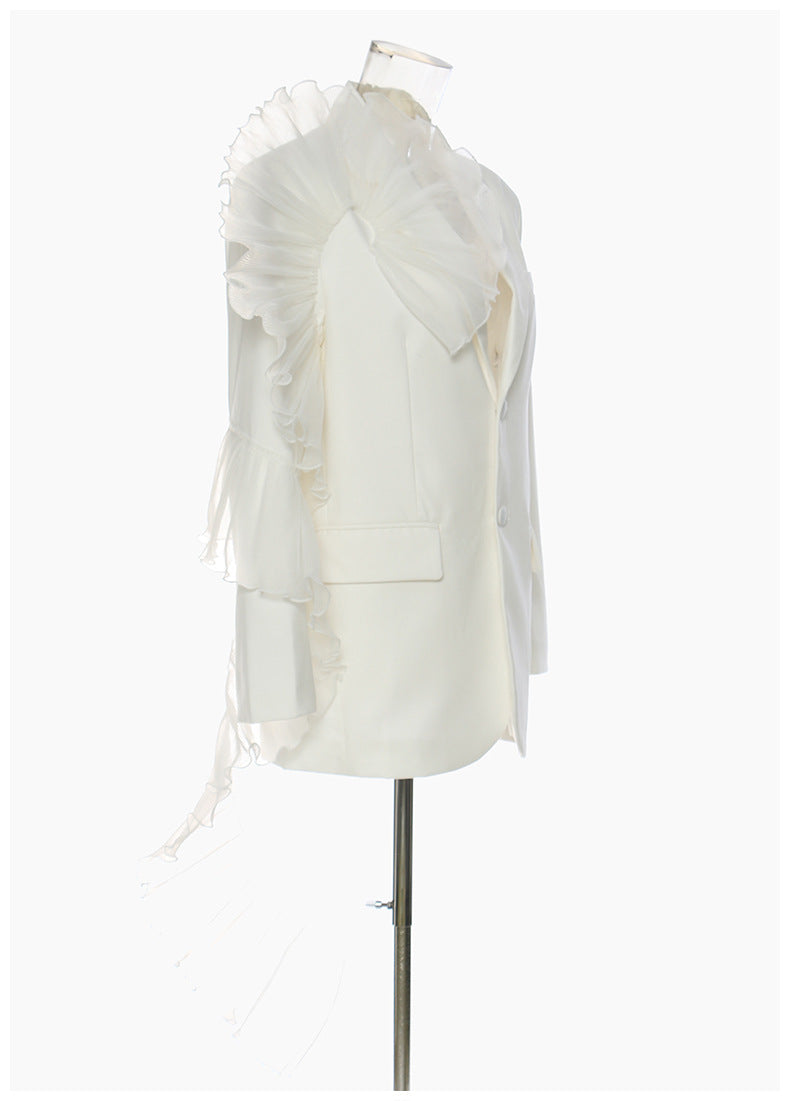 3D Ruffled Asymmetric White Mesh Coat