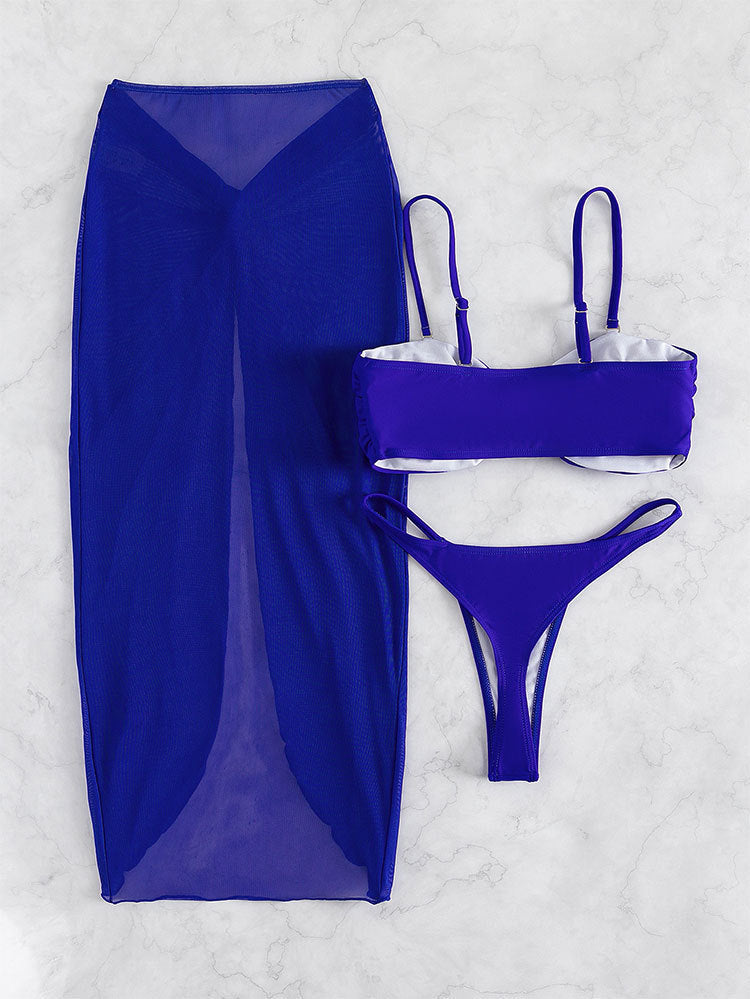 Bikini trois pièces sexy de couleur unie
