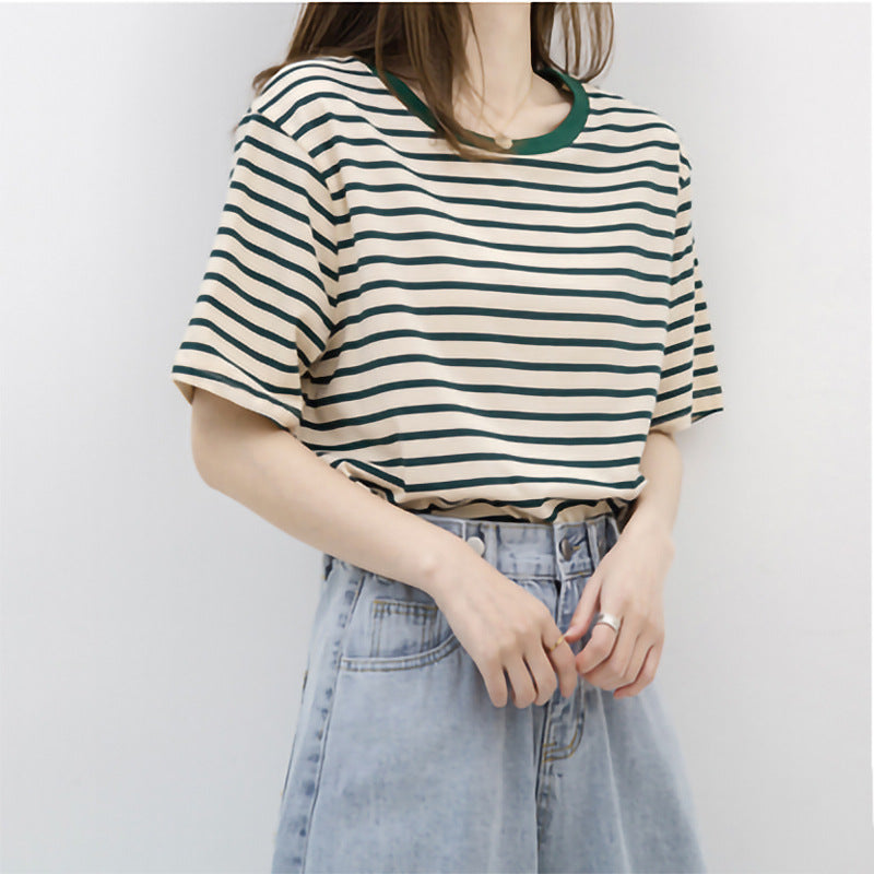 Green Striped Short Sleeve Loose Cotton T-Shirt for Women