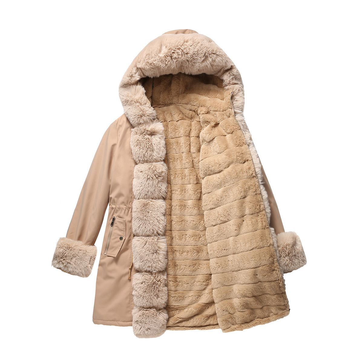 Mid-Length Padded Parka with Fur Collar