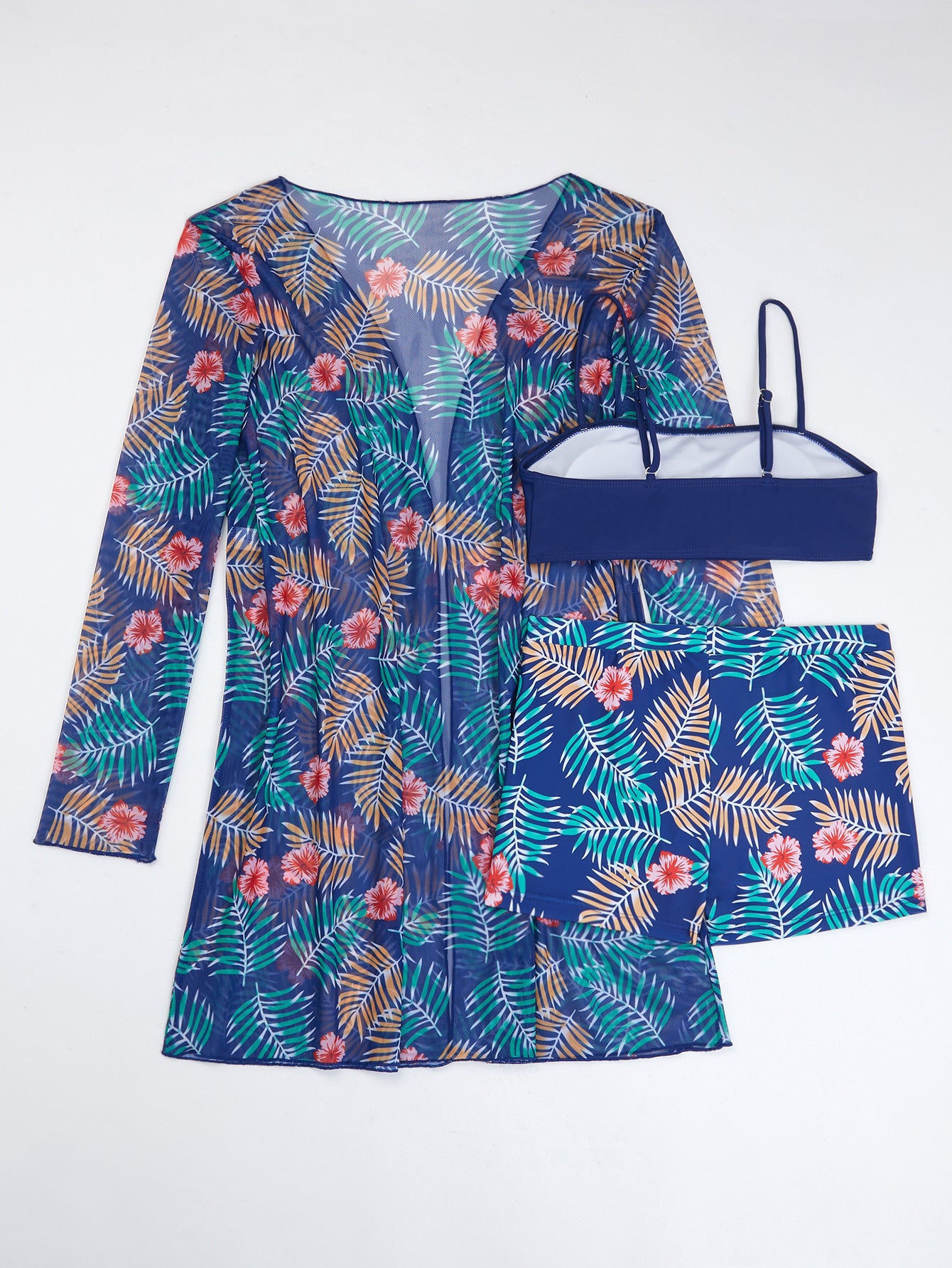 Printed Long Sleeve Three-Piece Bikini Swimsuit