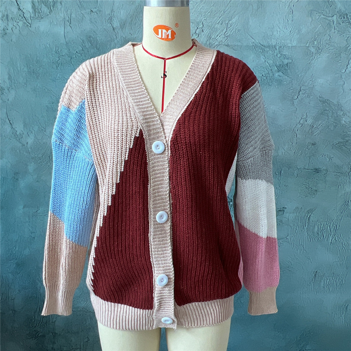 Cardigan décontracté en tricot à simple boutonnage, coutures asymétriques irrégulières et contrastées