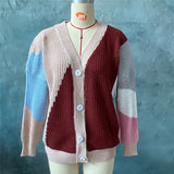 Cardigan décontracté en tricot à simple boutonnage, coutures asymétriques irrégulières et contrastées