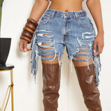Tassel Hem Ripped Denim Shorts for Women