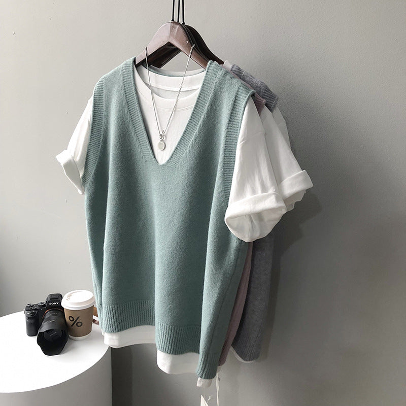 Frühlings-Preppy-V-Ausschnitt, lockere, ärmellose Strickweste für Damen