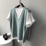 Frühlings-Preppy-V-Ausschnitt, lockere, ärmellose Strickweste für Damen