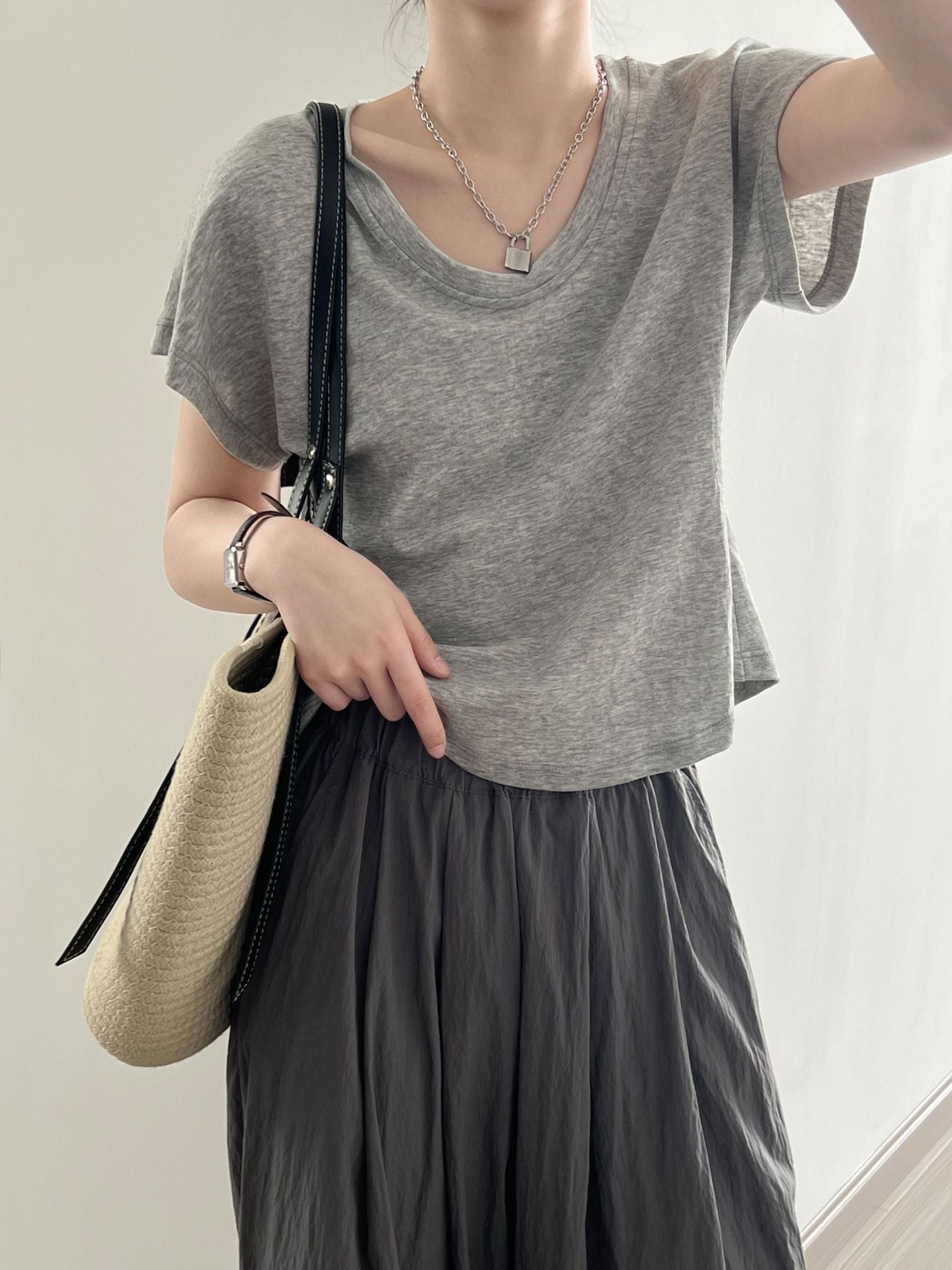3D U-Neck Short Sleeve Wide-Sleeve Slimming T-Shirt for Women