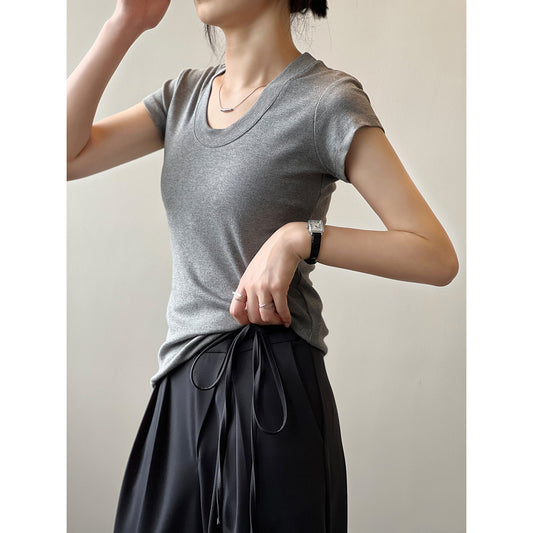 Solid Color U-Neck Slimming Stretch T-Shirt for Women