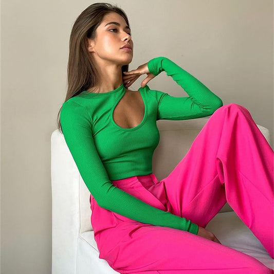 Rippe aushöhlen Ausschnitt Bodysuit Frauen Langarm Sexy Top Abnehmen