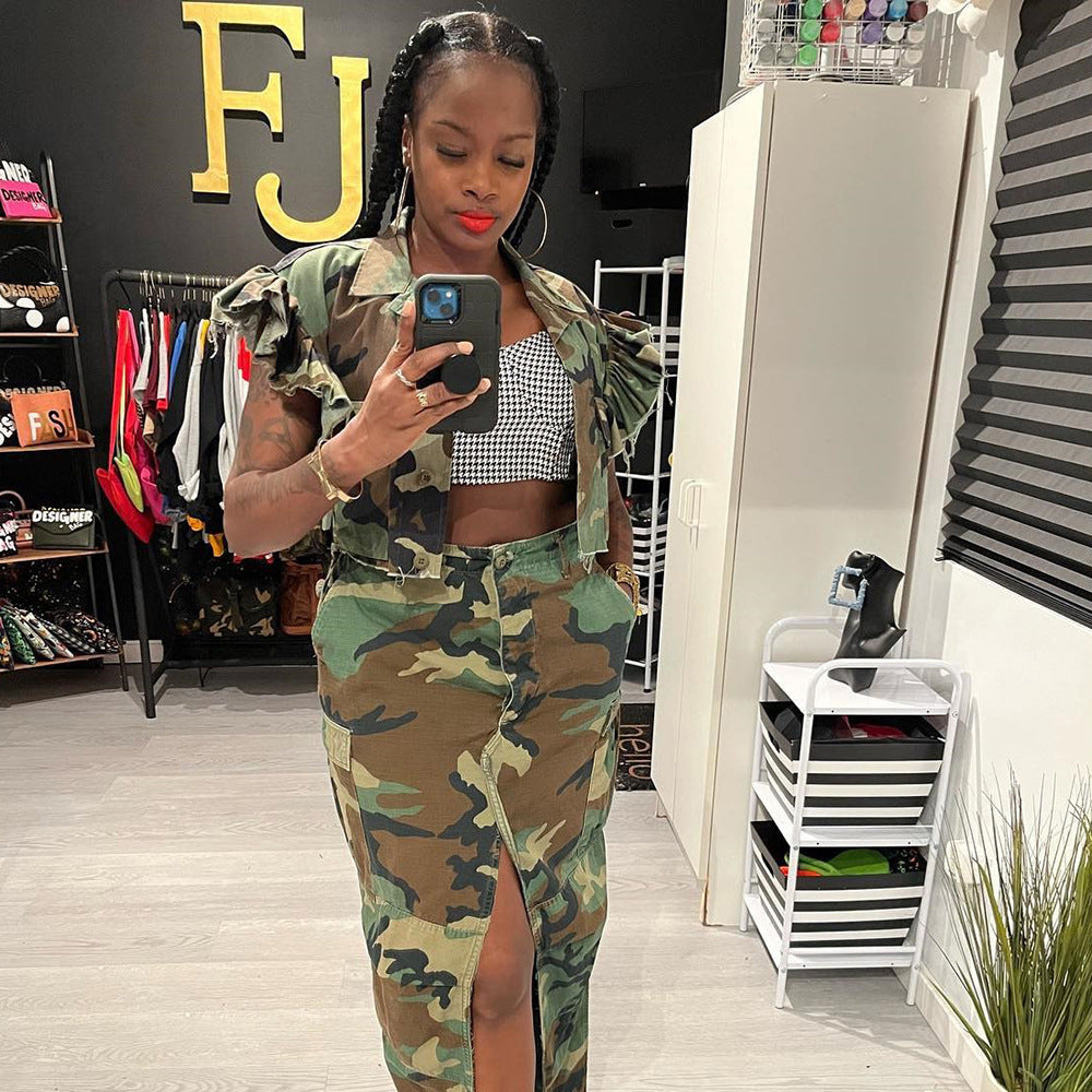 Camouflage Flounce Sleeve Pocket Short Sleeve Cardigan for Women
