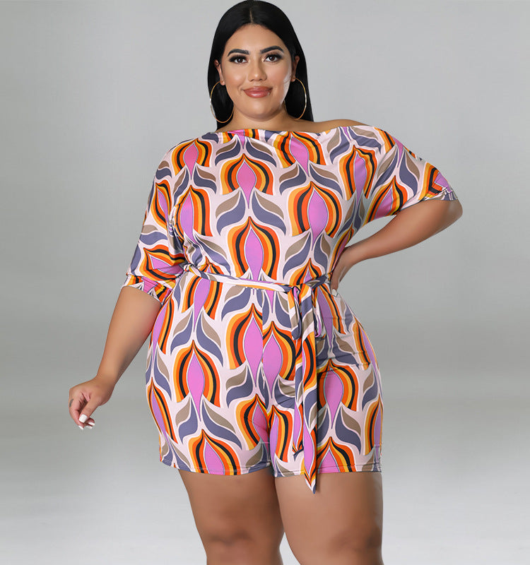 Plus Size Summer Cross Shoulder Printed Romper with Belt
