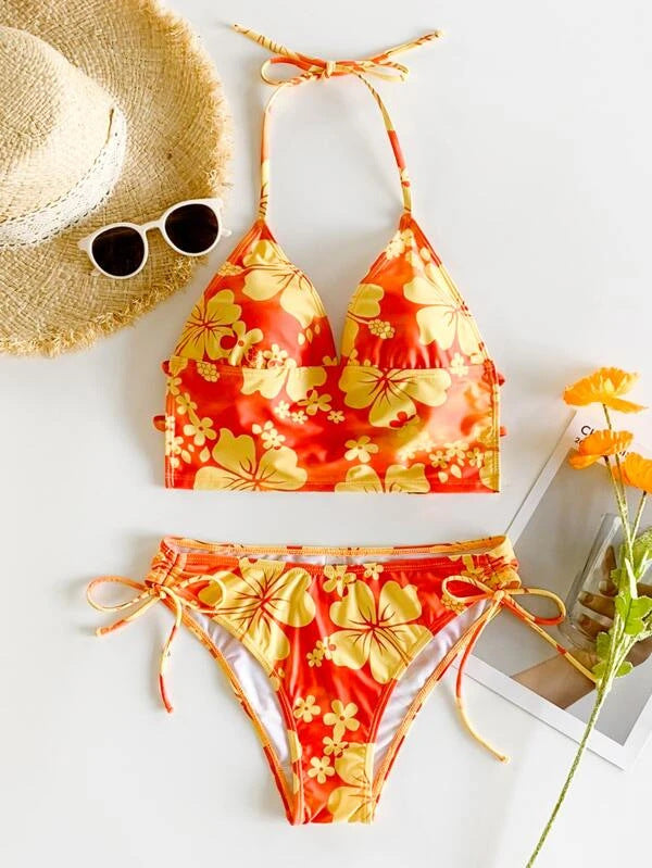 Sexy Bikini-Set mit Blumen-Ausschnitt und hoher Taille
